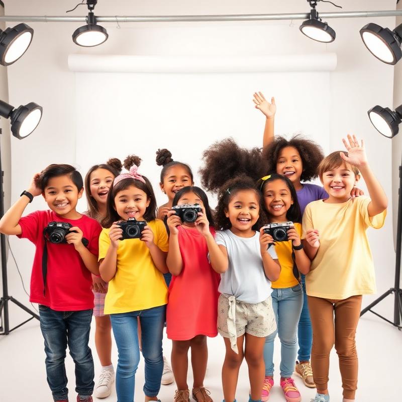 Kids laughing together with cameras