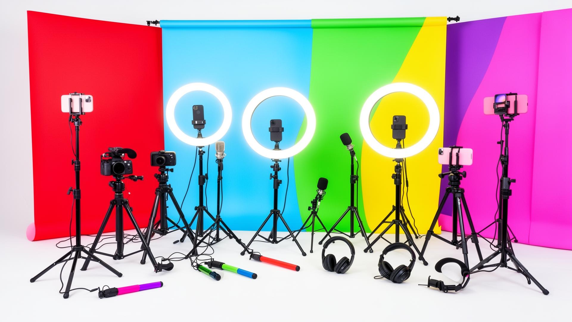Colorful kids creator studio with cameras, ring lights, microphones and bright backdrops